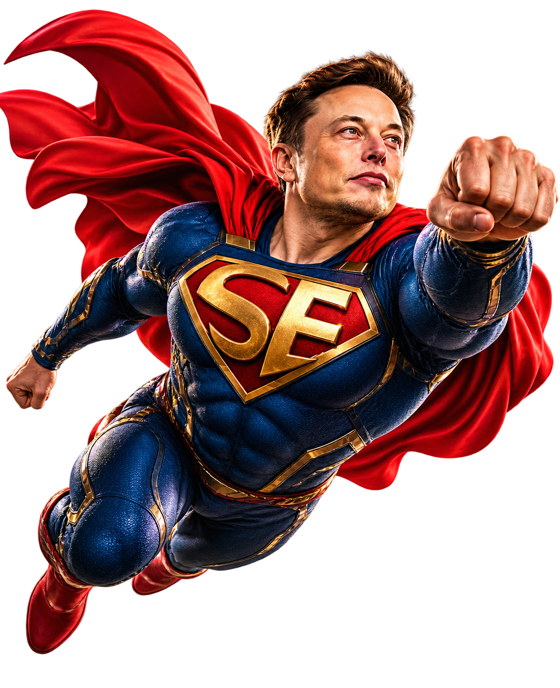 Super Elon flying forward in a blue and gold superhero suit with a red cape